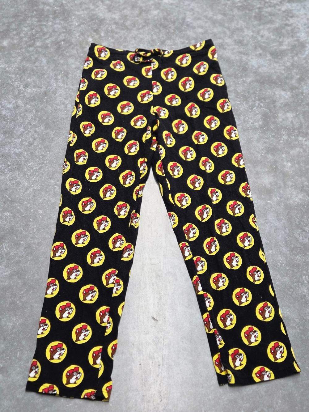 Buc-ee's Women's Black Leggings Yellow & Red Character Circle Print SIZE L